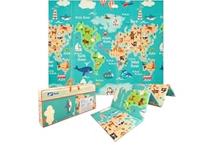 HUMBI Mata do zabawy dla niemowląt, mata do raczkowania, pianka XPE, dwustronna, płaskie paski, wodoodporna, bardzo duża, mata dla niemowląt, antypoślizgowa, 200 x 180 x 1 cm, mapa świata