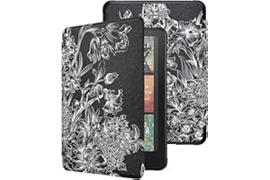 WALNEW Étui pour Kindle Paperwhite 12{^>e<^} génération 2024 et Kindle Colorsoft Signature Edition 7" en similicuir de qualité supérieure avec fonction veille/réveil automatique (fleurs noires)