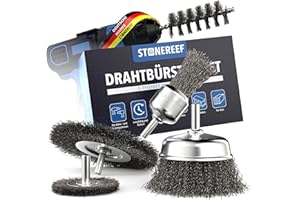 STONE REEF Zestaw 5 szczotek drucianych [trzpień okrągły 6 mm] wiertarki, wkrętarka akumulatorowa, nasadka druciana, uniwersalne nasadki do obróbki powierzchni, idealne do usuwania rdzy i usuwania farby, drewna