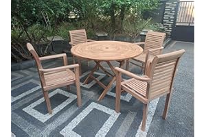 Emporium Furniture Outdoor Garden Furniture| Wooden Dining Table and Chairs| Quality Teak Wood 4 Seater Dining Sets| Balcony Bistro Patio Furniture (Ripple Table + 4 Stacking Chairs Set)