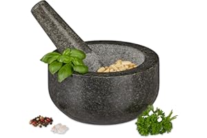 Relaxdays Mortier en granit avec pilon, robuste, pour épices, herbes, mortier en pierre polie, d. 16 cm, 400 ml, gris
