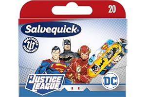 Salvequick Justice League Super Heroes Flexible, Durable, Respirable et Eau, Plâtres Résistants à la Saleté pour les Enfants, Pack de 20 Unités