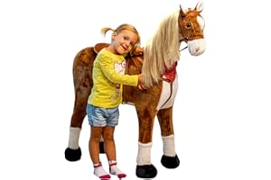 Pink Papaya Cheval en peluche XXL 105 cm – Le cheval géant pour l'équitation, jusqu'à 100 kg, cheval de jeu pour s'asseoir dessus avec petite brosse Couleur fourrure – Marron/crinière – Blond