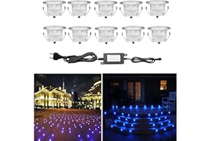 CHNXU 10 Spot LED Eclairage Extérieur Encastrable Sol Terrasse Bois,45mm Spots Encastré Extérieur Fait en IP67 DC12V 1W Avec Alimentation EU Pour Jardin Escalier Patio Bleu