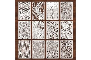 LEIKEDUN 12Pcs Stencils for Painting, Texture Stencils for Crafts Reusable Natural Plants Wood Grains Flower Texture Templates Geometric DIY Art Painting Stencil for Canvas Bag, Card, Wall