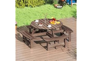 GOPLUS Table Pique-Nique Extérieur 8 Personnes, Table à Manger Jardin Ronde pour Patio avec 4 Bancs Intégrés, Trou Parasol 5 cm, pour Jardin, Terrasse, Parc, Charge 100+250KG*4 (Marron)
