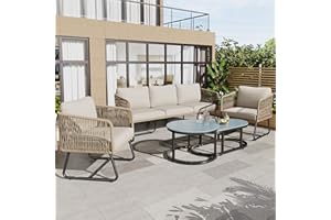 Oslghy Conjunto Jardín Exterior, Conjunto Terraza de Muebles de Balcón Lounge 5 Piezas, Salón de Jardín, Mueble Conjunto de Patio para 5 Personas con Tablero de Cristal Liso, Pies Ajustables (Beige)