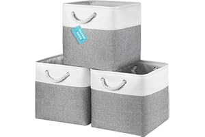 OrganiHaus Fabric Storage Boxes, Set of 3 Foldable 30X30 Cube Organiser Bins with Rope Handles for Shelves, Nursery & Closet, Collapsible Storage Baskets for Toys, Clothes & More - Grey/Off-White