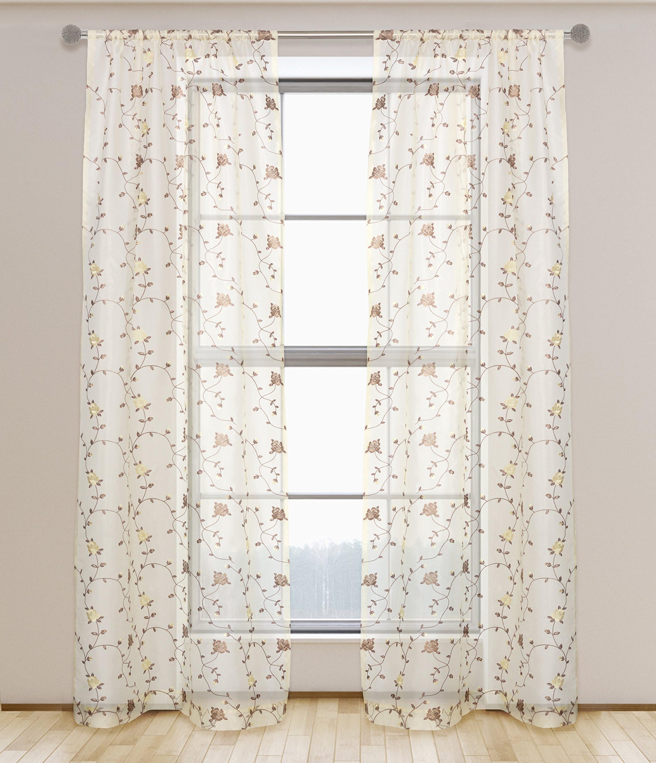 LJ Home Fashions Grace Sheer Organza Floral Embroideries Rod Pocket Curtain Panels (Set of 2) 52x95-in, Ivory/Light Brown