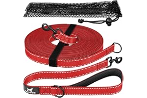 TUFFDOG Training Lead For Dogs - Reflective Heavy Duty Long Line Dog Lead with Detachable Padded Handle for a Short Dog Lead + Storage Bag for Recall & Tracking (5m, Red)