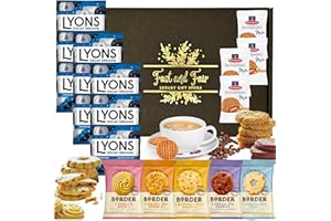 FAST AND FAIR UK Lyons Decaf Coffee Gift Set - Hamper Selection of Decaff Coffee Bags Bundled with Luxury Individually Wrapped Border Biscuits and Indulgent Caramel Stroopwafels | 18 Items in Gold Embossed Gift Box