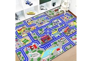 Capslpad Kids Play Rug Town City Road Car Mat 150x200cm Non-Slip Kid Carpet Playmat Machine Washable Exercise Mat Short Pile Learning Educational Area Rug for Kids Room Toddler Playroom Decor, Blue