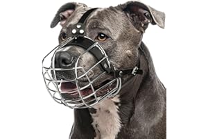 CleverTail Bozal Pitbull de metal para perros de gran tamaño, bozal de cesta para perros con correas de cuero ajustables, bozales de jaula de acero para evitar mordeduras, protector bucal para Pitt