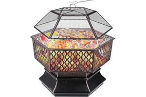 TLSUNNY Brasero Exterieur avec Grill, Foyer Extérieur, Brasero de Jardin, Foyer de Chauffage/Barbecue, avec Filet de Protection, Grill au Charbon & Poker, pour Jardin Terrasse Plage - 76 x 76 x 63 cm