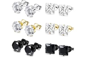Milacolato 6 Pairs Stainless Steel Stud Earrings for Men Women CZ Earrings 3-8MM