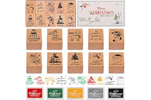UOEO 15 Pcs Merry Christmas Wooden Rubber Stamps with Craft Ink Pads Xmas Mixed DIY Craft Stamp Santa Reindeer Snowman Wooden Christmas Stamps for Cards Making Party Gift Decor Scrapbooking Party Decor
