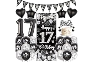 FUPOLARA Happy 17th Birthday Party Decorations - Black Silver Door Banner Set with Pennants Bunting, Cake Topper and Foil Balloons for Girls Boys 17 Years Old Party Supplies
