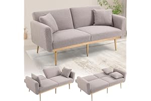 SUPPNEED Futón convertible en sofá cama, sofá reclinable, patas de metal doradas, 2 cojines de sofá, modernos sofás para casa, salón, dormitorio (oso gris)