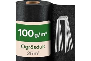 Praknu Markduk Ogräs 25 m² - Ogräsmatta 100 g/m² - Trädgårdsduk 1 x 25 m | Extra rivstark och vattengenomsläpplig, UV-beständig, lätt att skära, 12 markspikar ingår, återvunnen polypropen, för gångar