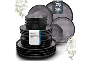 PURE LIVING INTERIOR DESIGN 24 Piece Dinner Sets for 6 People - Beautiful Mediterranean Style Stoneware Dinner Set for 6 - Dishwasher & Microwave Safe Plates and Bowls Set for 6 - Dinnerware Sets by Pure Living in Dark Grey