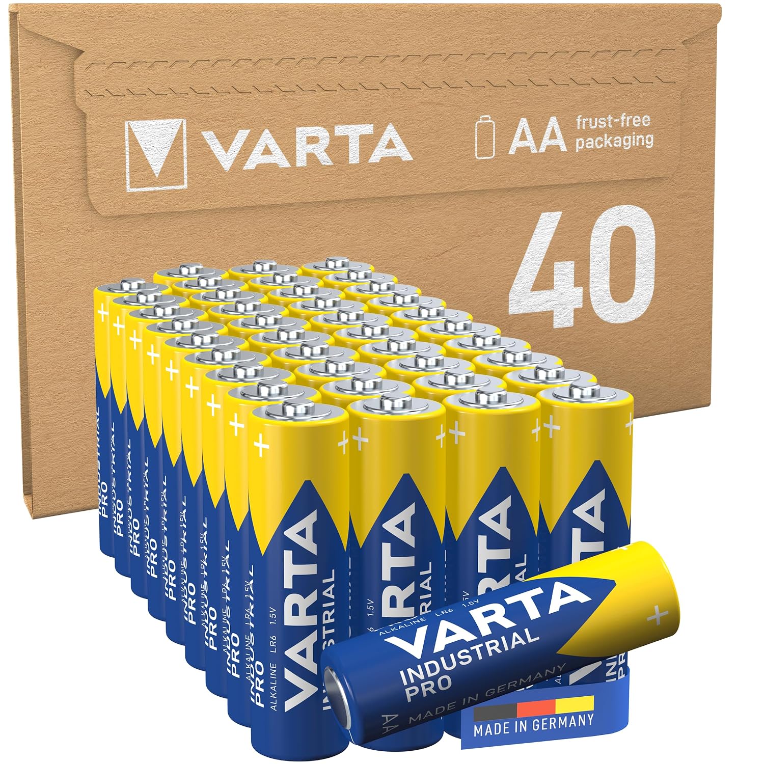 VARTA Pile AA, confezione da 40, Industrial Pro, Batterie Alcaline, 1,5V, pacco di stoccaggio in imballaggio ecologico, Made in Germany [Esclusivo su Amazon] | Mignon-Pile LR6, Made in Germany, conservazione fino a 10 anni, per l'industria, officina, strumenti di misura