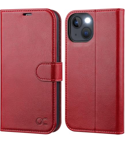SHIELDON Wallet Case For IPhone 14 5G 2022, Genuine Leather Folio Case Magnetic Closure RFID Blocking Card Slots Kickstand Full Protection Cover Compatible With IPhone 14 (6.1 Inch) - Retro Red - View #5