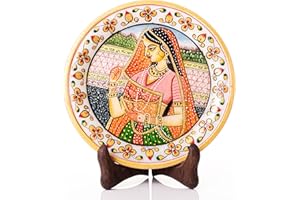 TARINI GALLERY Marble Decorative Plate Traditional Indian Handpainted Round Shape Showpiece Pottery Plate with Stand for Decoration Home Office Décor and Gifting (Rajasthani Lady)