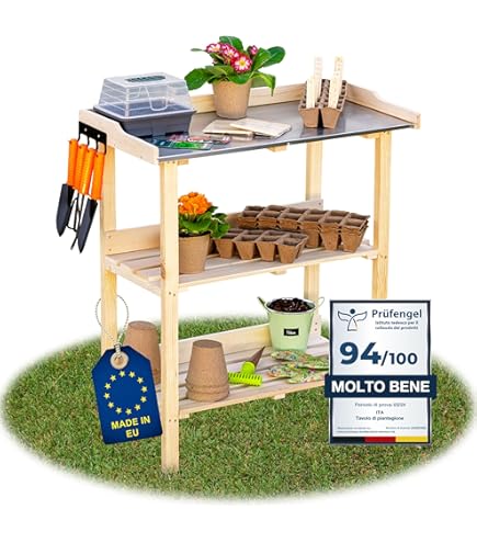 Tavolo Da Lavoro Per Piante Mgc24 | Piano Zincato 78x38 Cm | Legno Di Pino | Con Ripiano E Ganci - Foto 5