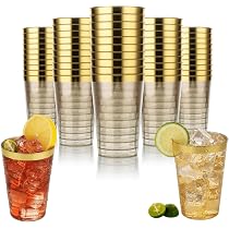 Lot De 50 Gobelets En Plastique Rigide Transparents - Bord Doré, 360 Ml - Réutilisables Pour Fête, Mariage - 4