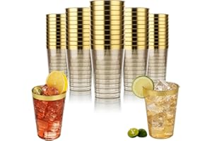 KELHOM Gobelet en Plastique Premium Réutilisable de 330 ml avec Bord Doré - 50 Gobelets Élégants sans BPA pour Fête de Mariage, anniversaire & Cocktail - Verre Plastique Reutilisable Lavable pour Pique-Nique