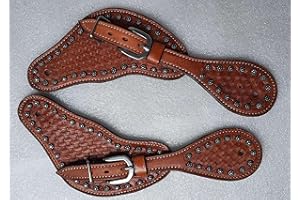 LEATHERRIDE Showmen Craft Adult Leather Spur Straps with Silver Studs, Hardware and Buckle for Horses