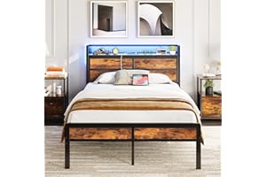 IRONCK Small Double Bed Frame with Storage Headboard & LED Lights, Platform Bed Frame Small Single with Charging Station, Metal Bed Frame, UnderBed Storage/Mattress Foundation, Vintage Brown