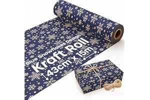 VOLILA 15M Kraft Wrapping Paper, Christmas Wrapping Paper Roll for Eco Recyclable Xmas Gift Wrap - Brown Craft Paper with Blue Snowflake Design for Gifts (43cm Wide)