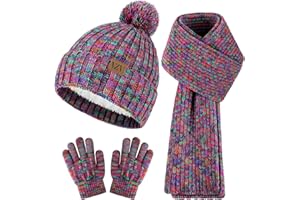 VZV Kinder Winter Mütze Schal Handschuhen Set, Winter Strickmütze mit Bommel Warme Halstuch Gefütterte Fleece-Handschuhe für Jungen Mädchen 2-14 Jahre