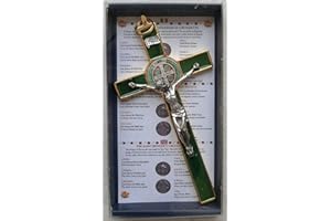 GTBITALY 10.004.21 VERDE croce crocefisso oro dorato san benedetto 20 cm smaltato a mano con scatola regalo e preghiera prete esorcismo esorcista
