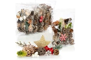 COM-FOUR® 6x Dekoracje swiateczne w worku z szyszkami, gwiazdami i galazkami - dekoracja swiateczna - dekoracja stolu - wieniec adwentowy (6x worki: szyszki. Gwiazdy. Platki)