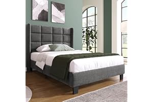 ‎MERAX Polsterbett 90x200 mit Lattenrost Rückenlehne，Hautfreundliche Leinenmaterial, Grau, Bett Einzelbett Jugendbett(Ohne Matratze)