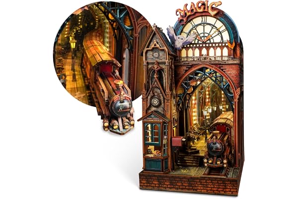 FUNPOLA LED Puzzle 3D Magique Station Book Nook Kit - Interactif Puzzle 3D en Bois LED Miniature Magique avec Espace d'extension Infini - Décoration d'étagère à Faire soi-même (Magique Station)