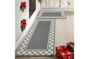 COSY HOMEER Absorbent Kitchen Runner Rug Mats 2 Pieces, 50x76cm+50x122cm, Extra Nonslip TPR Backed Carpet Rugs for Kitchen, Soft Standing & Machine Washable, Vacuum Cleaner Available No Curling, Grey