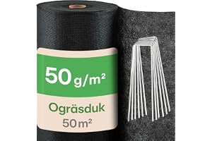 Praknu Ogräsmatta 50g/m² – Trädgårdsduk med 24 Markspik | 50m² – Vattenpermeabel, UV-beständig & Rivstark – Markduk för Blomrabatter & Säsongsväxter