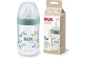NUK for Nature Butelka dla niemowląt, średniej wielkości, 260 ml, trwały silikonowy smoczek z antykolkową wentylacją, regulacja temperatury, bez BPA, zielony