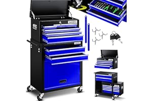 MASKO® Wózek warsztatowy z walizką, 9 przegródek, zamykany, masywny metal, mobilny wózek narzędziowy, bez użycia narzędzi, profesjonalny wózek warsztatowy do przechowywania narzędzi z zamkiem