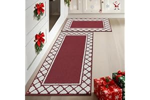 COSY HOMEER Absorbent Kitchen Runner Rug Mats 2 Pieces, 50x76cm+50x122cm, Extra Nonslip TPR Backed Carpet Rugs for Kitchen, Soft Standing & Machine Washable, Vacuum Cleaner Available No Curling, Red