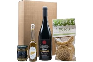 ‎THE WINE GUYS Präsentkorb „Basta Pasta“ mit italienischen Spezialitäten: Italienischer Feinkost und Rotwein (1 x 0,75 l, 13,5% vol.) | Geschenkset mit Pasta BIO, Pesto, Würzöl zum verfeinern und Wein Scala Rosso