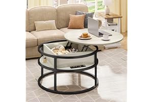 DWVO Couchtisch für Wohnzimmertisch Höhenverstellbar, Runder Couchtisch Eiche 80X80X47cm, Couchtisch mit Verstecktem Fach, couchtisch modern, Kleiner Couchtisch mit Robuster Metallrahmen