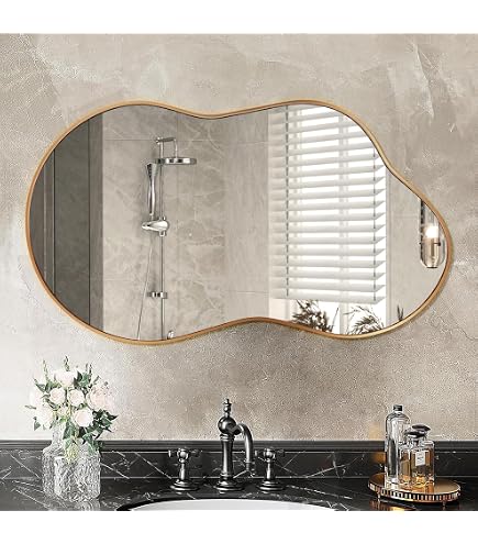 Specchio Rettangolare Bagno Con Cornice In Metallo Martellato Oro Antico, 61x91 Cm, Decorativo Vintage
