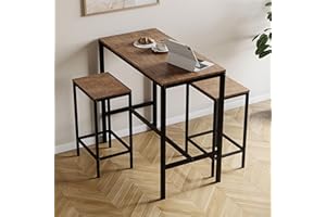 Vida Designs Roslyn 3-Piece Table Set with 2 Stools/Chairs, Compact Design for Dining, Kitchen, Breakfast Bar, Apartment, Balcony, Garden with Industrial Steel Frame, H90xW100xD5 (Dark Wood)