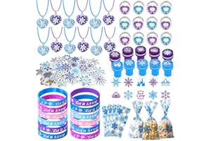LATOCOS 130 Stück Frozen Party Geburtstag Geschenk Mädchen Prinzessin Halskette Schneeflocke Armband Silikon Ring Krone Schloss Stempel Aufkleber Frozen Prinzessin Gefälligkeiten Zubehör Geschenk Tasche