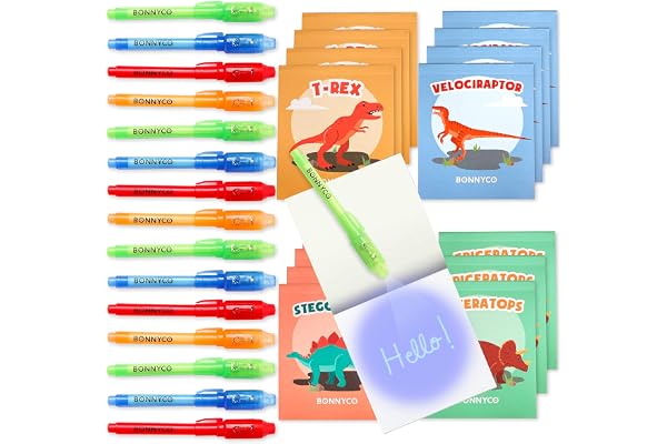 BONNYCO Stylo Encre Invisible et Carnet de Notes, Pack 16 Dinosaure Petits Cadeaux Anniversaire Garcon, Fille. Cadeau Anniversaire Enfants Invités, Jouet Pinata. Pochette Surprise, Prix d'École Élèves