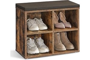 VASAGLE Banco Zapatero, Mueble Zapatero, Banco Recibidor con 4 Compartimentos y Asiento Acolchado, 30 x 105 x 48 cm, Entrada, Dormitorio, Sala de Estar, Marrón Rústico y Marrón LHS234K01